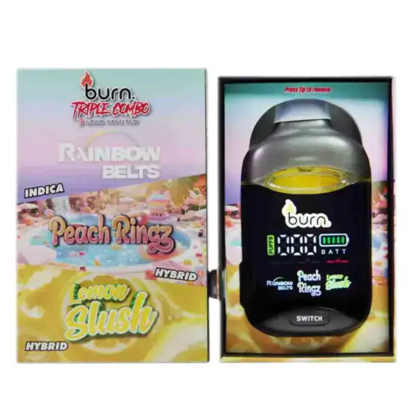 BURN TRIPLE CHAMBER VAPE - RAINBOW BELTS + PEACH RINGZ + LEMON SLUSH (3 GRAM)